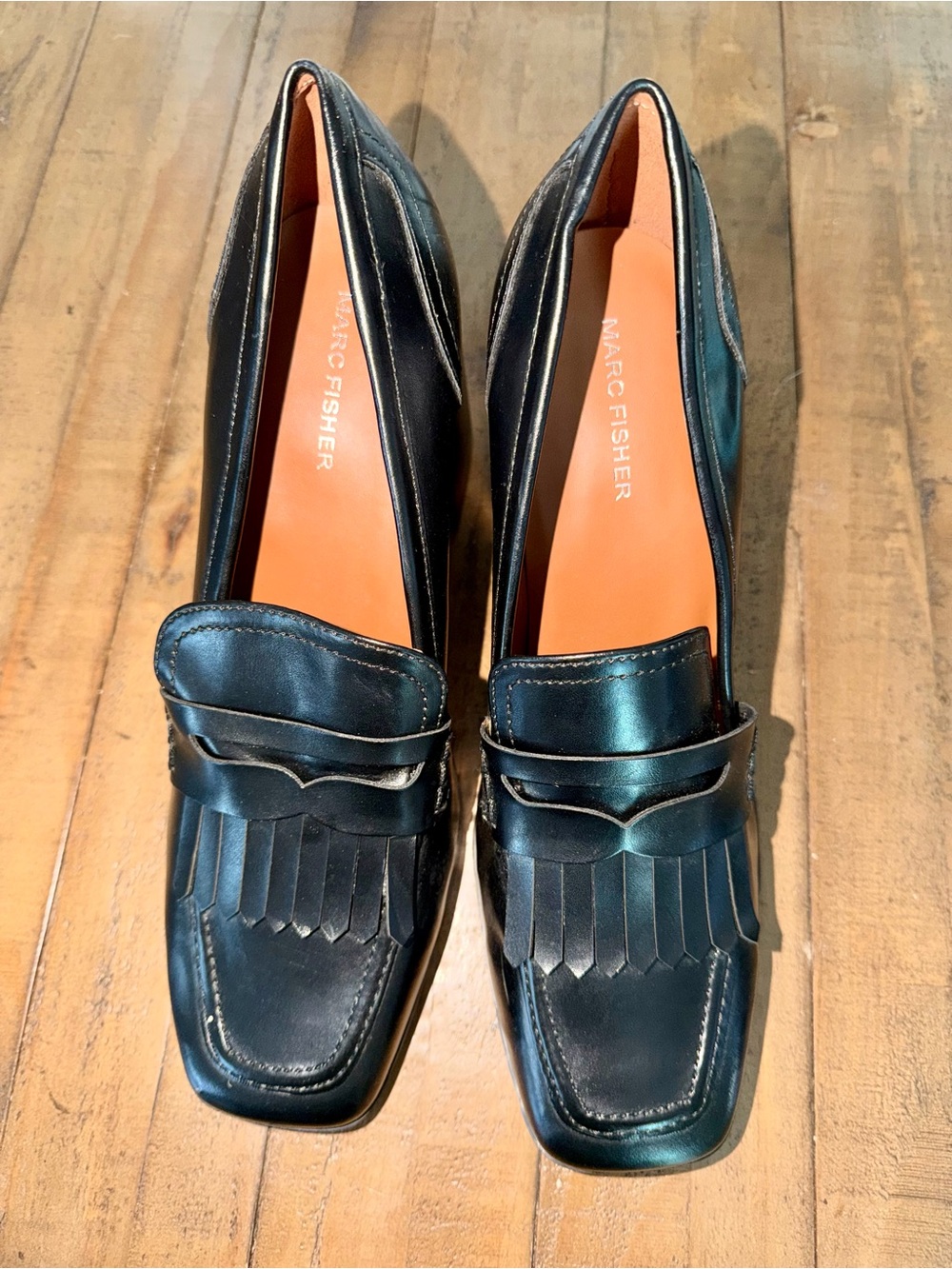 Marc Fisher Black Leather Kiltie Penny Loafers